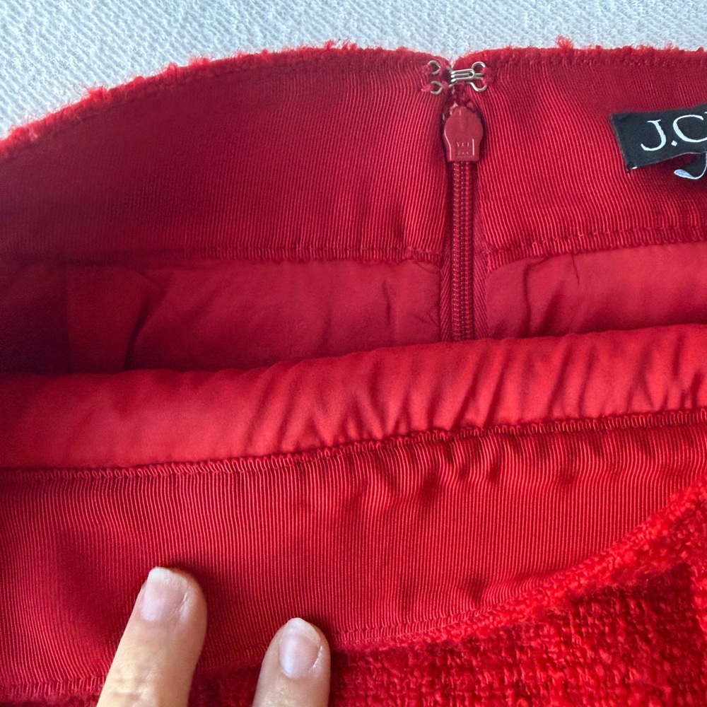 J.Crew Red Tweed Mini Skirt Gold Button Pockets Fringe Trim Classic Parisian - Picture 8 of 15